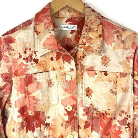 Coldwater Creek Button Up Jacket Sz L Cotton/Poly Orange Red Floral Lightweight - Picture 2 of 9